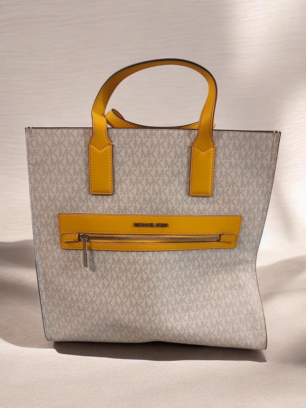 Michael Kors Cream Signature Tote with Yellow Trim